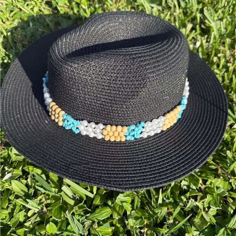 Black Hat BRAND NEW Hand Beaded Trim Band - Blue and Tan Beads
